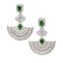 Rhodium-Plated Green & White American Diamond studded Leaf Shaped Drop Earrings