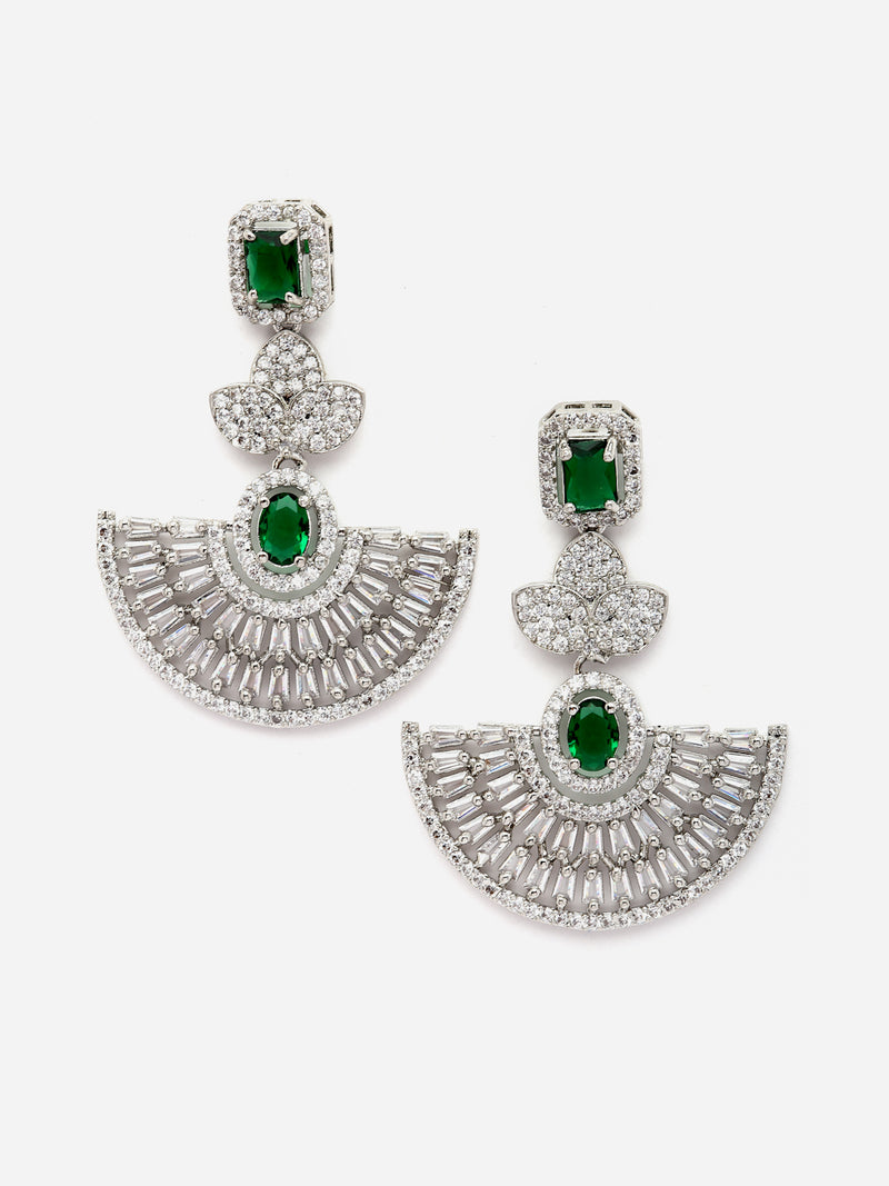 Rhodium-Plated Green & White American Diamond studded Leaf Shaped Drop Earrings