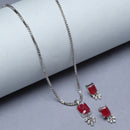 Rhodium-Plated Red American Diamond Studded Square & Leaf Shaped Pendant with Earrings Jewellery Set