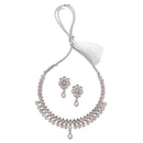 Oxidised Silver-Plated Pear Shaped Pink American Diamond Studded Necklace with Earring Jewellery Set