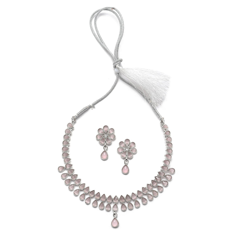 Oxidised Silver-Plated Pear Shaped Pink American Diamond Studded Necklace with Earring Jewellery Set