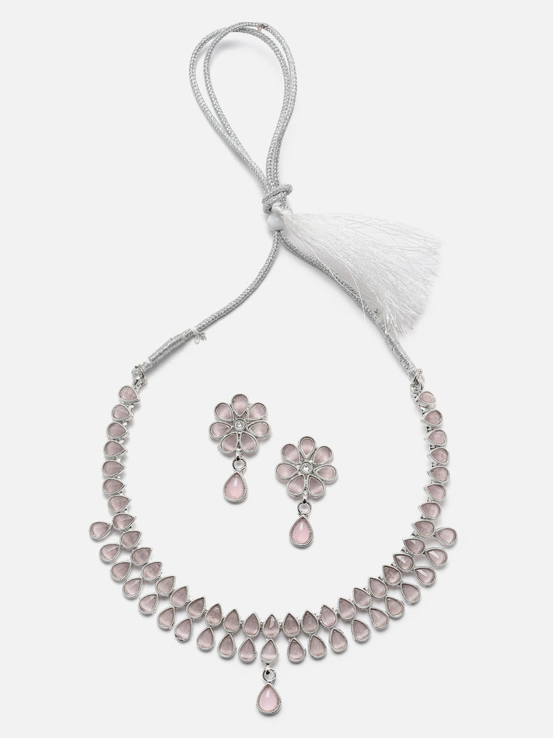 Oxidised Silver-Plated Pear Shaped Pink American Diamond Studded Necklace with Earring Jewellery Set