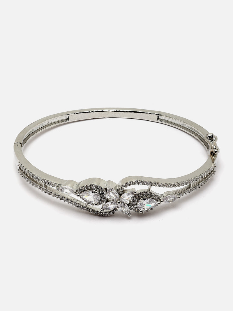 Rhodium-Plated Silver Toned White American Diamond Studded Kada Bracelet