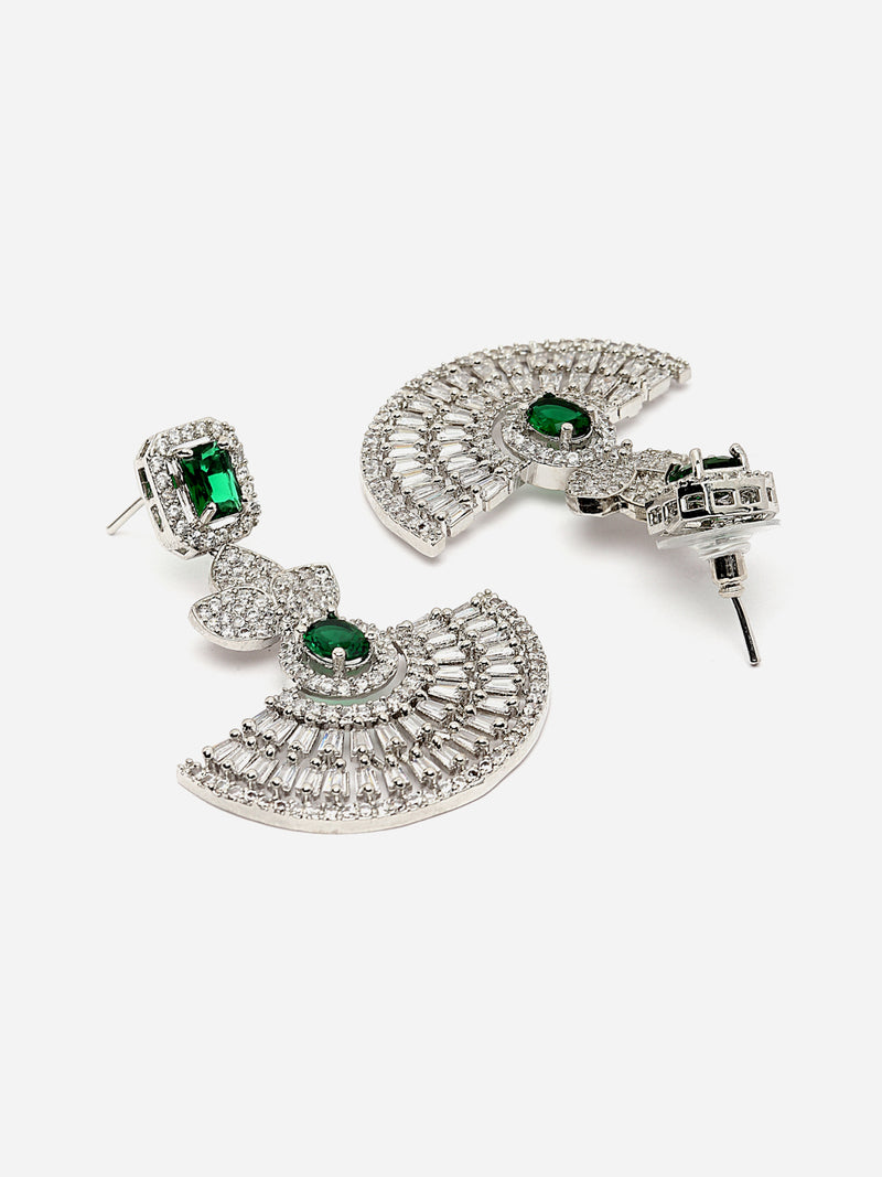 Rhodium-Plated Green & White American Diamond studded Leaf Shaped Drop Earrings
