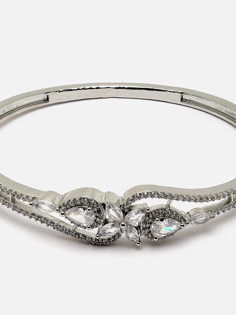 Rhodium-Plated Silver Toned White American Diamond Studded Kada Bracelet