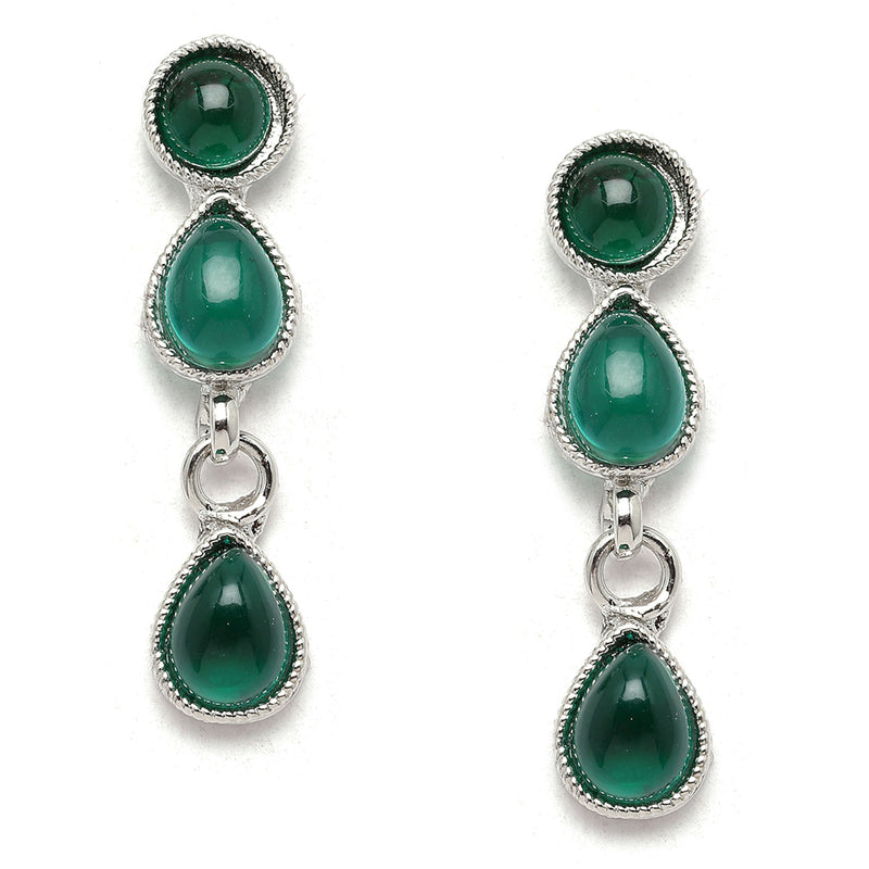 Oxidised Silver-Plated Green American Diamond Studded Necklace with Earring Jewellery Set