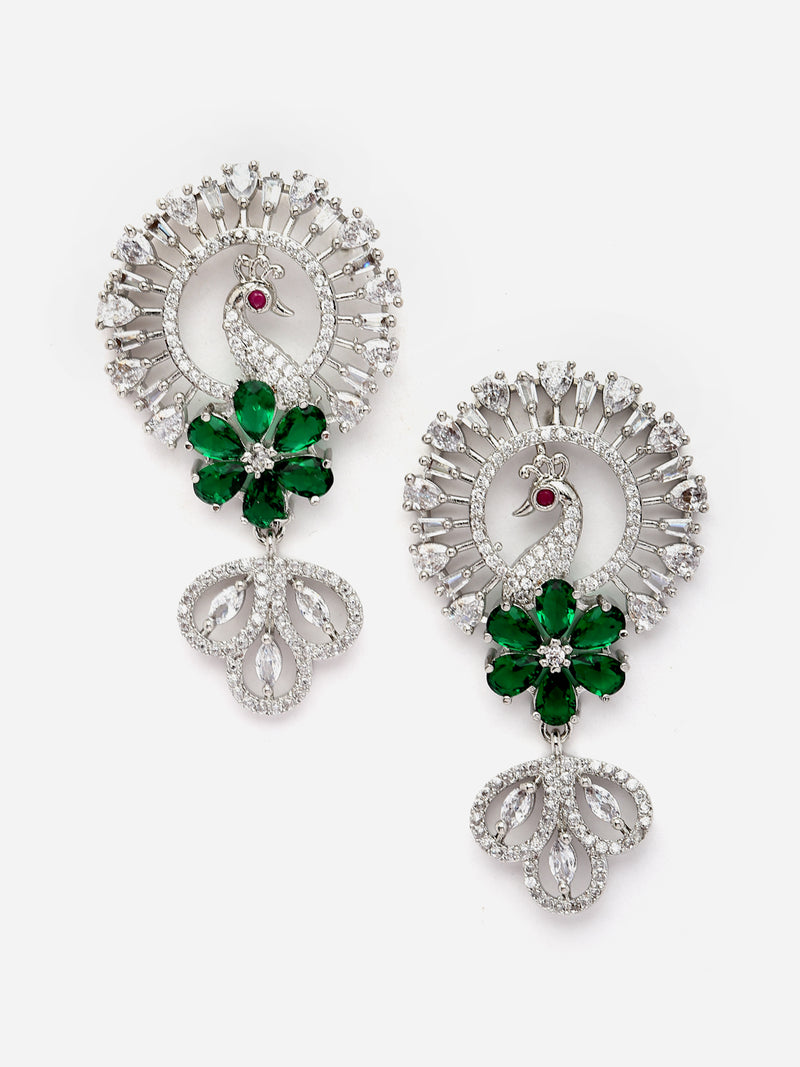 Rhodium-Plated Green American Diamond studded Handcrafted Peacock Shaped Drop Earrings