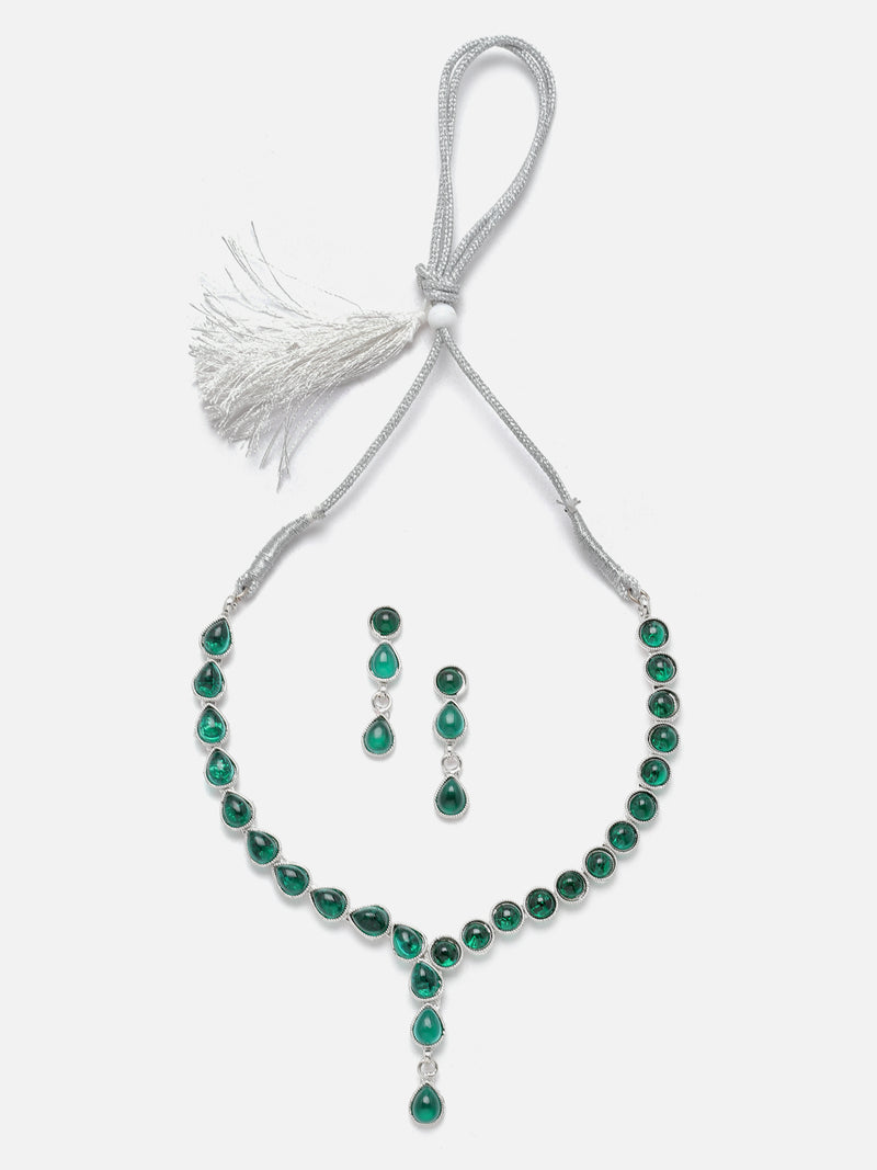 Oxidised Silver-Plated Green American Diamond Studded Necklace with Earring Jewellery Set