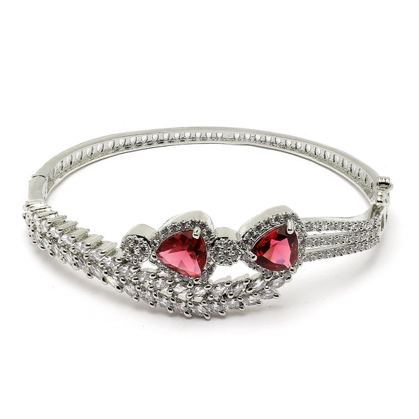 Rhodium-Plated Silver Toned Teardrop & Leaf Shaped Red American Diamond Studded  Kada Bracelet