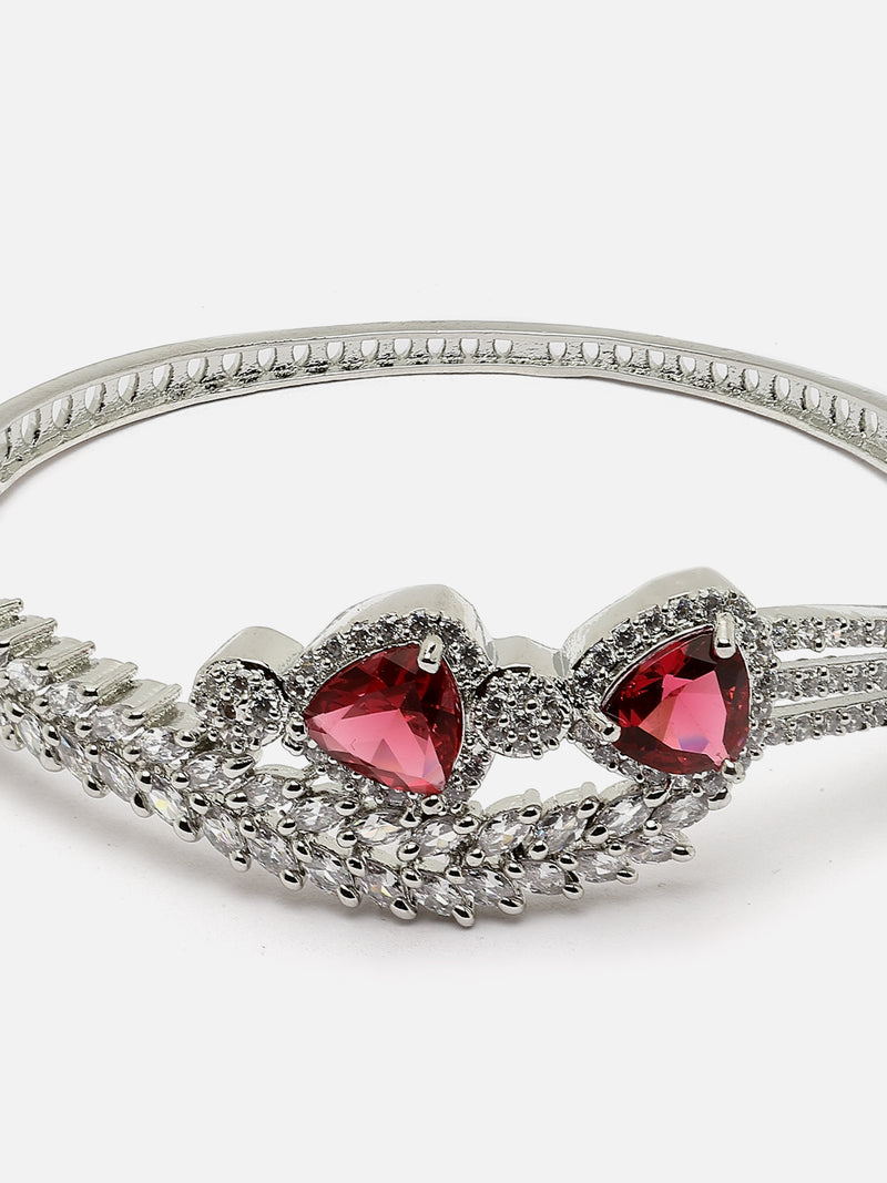 Rhodium-Plated Red American Diamond Studded Teardrop & Leaf Shaped Kada Bracelet