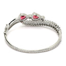 Rhodium-Plated Silver Toned Teardrop & Leaf Shaped Red American Diamond Studded  Kada Bracelet
