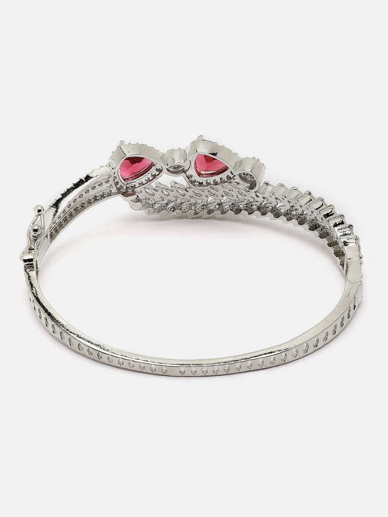 Rhodium-Plated Red American Diamond Studded Teardrop & Leaf Shaped Kada Bracelet