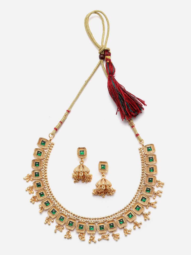 Gold-Plated Green Artificial Stone Studded Antique Necklace with Earrings Jewellery Set