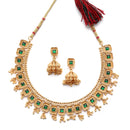 Gold-Plated Green Artificial Stone Studded Antique Necklace with Earrings Jewellery Set