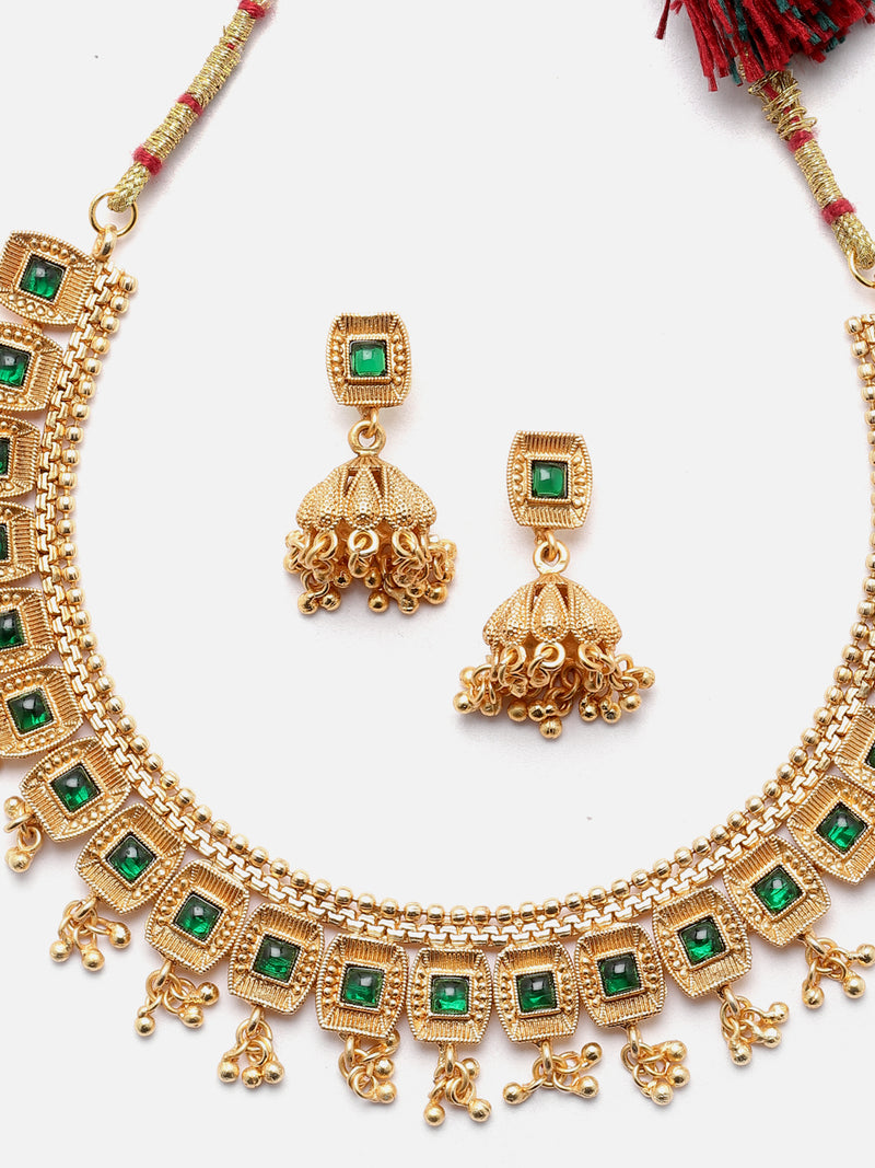 Gold-Plated Green Artificial Stone Studded Antique Necklace with Earrings Jewellery Set