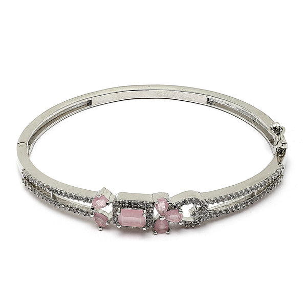 Rhodium Plated Silver Toned Square Pink American Diamond Studded Bracelet