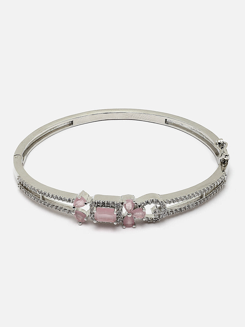 Rhodium-Plated Silver Toned Pink American Diamond Studded Kada Bracelet