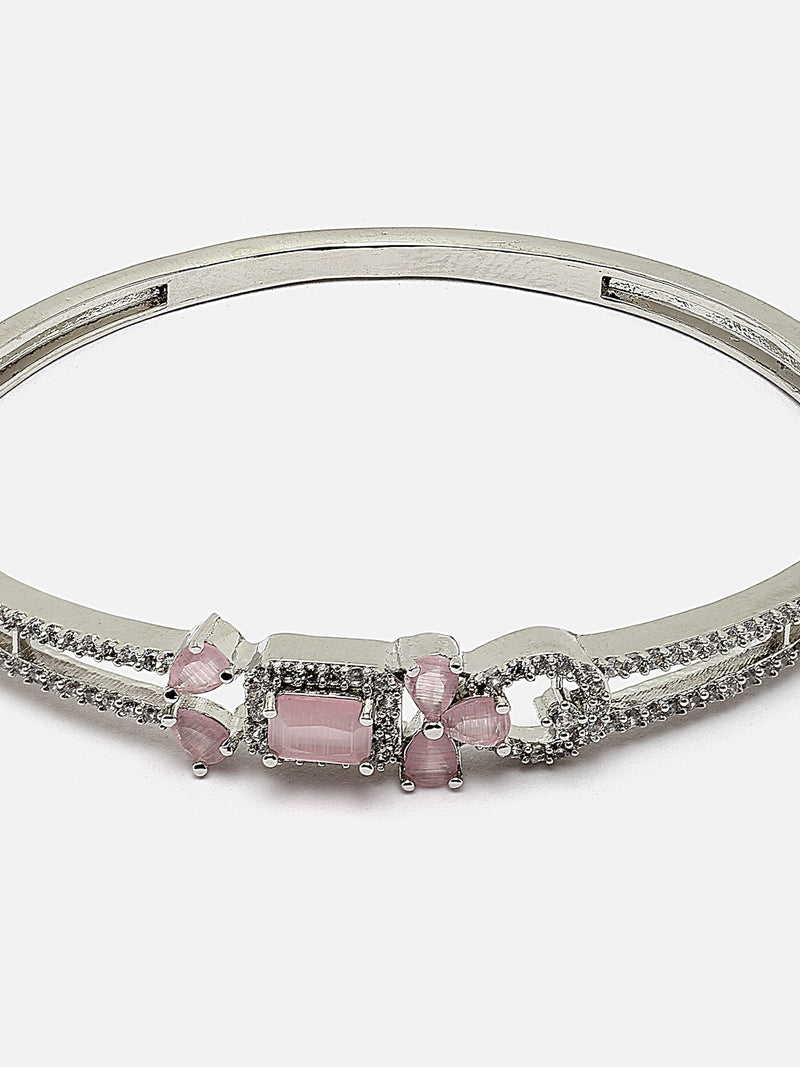 Rhodium-Plated Silver Toned Pink American Diamond Studded Kada Bracelet