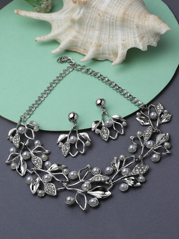 Silver-Plated White Cubic Zirconia & White Pearls Studded Leaf Shaped Necklace with Earrings