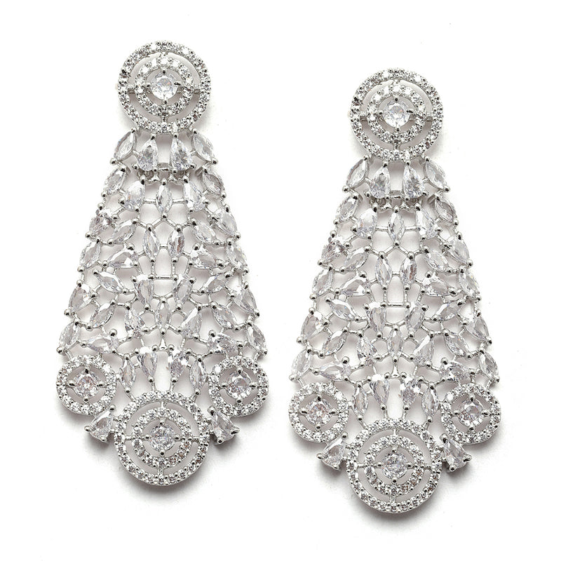 Rhodium-Plated Silver Toned White American Diamond Choker Necklace with Earrings Jewellery Set