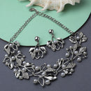 Silver-Plated White Cubic Zirconia & White Pearls Studded Leaf Shaped Necklace with Earrings