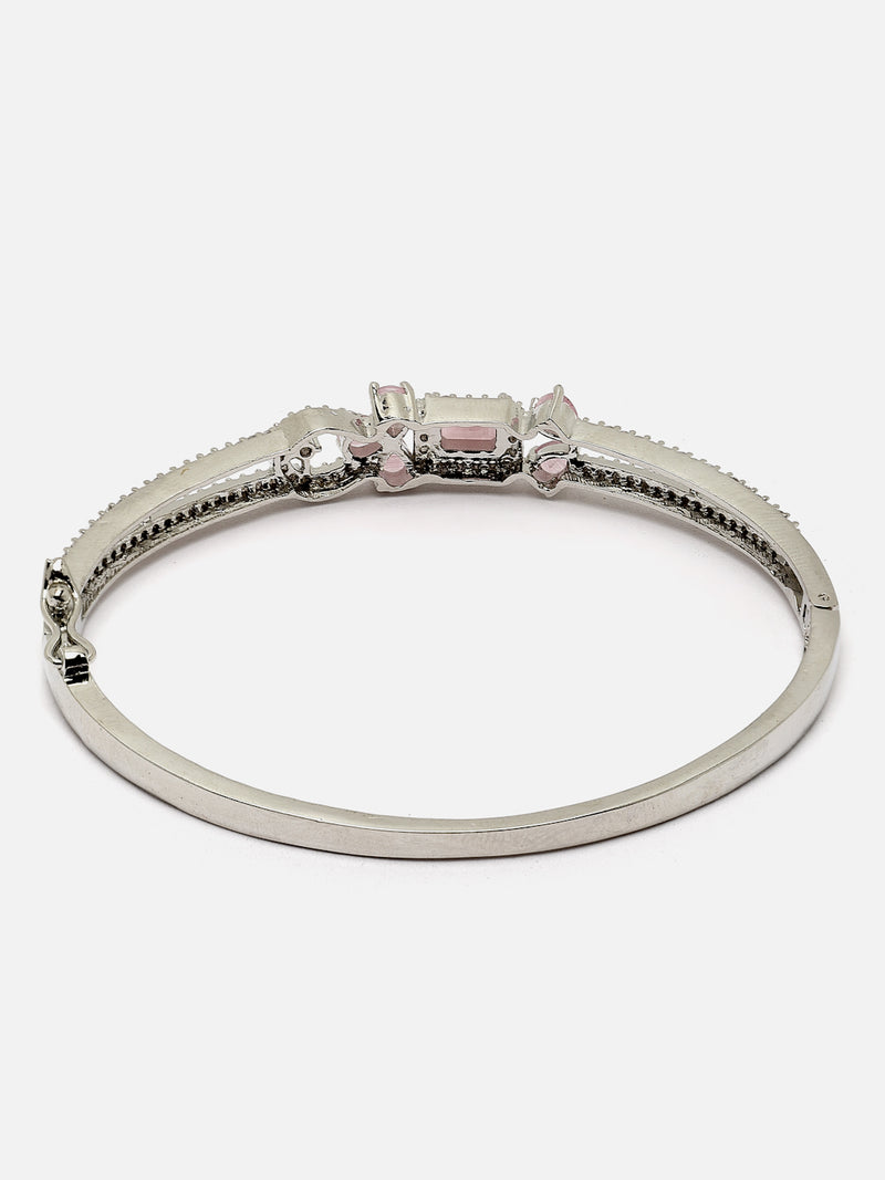 Rhodium-Plated Silver Toned Pink American Diamond Studded Kada Bracelet