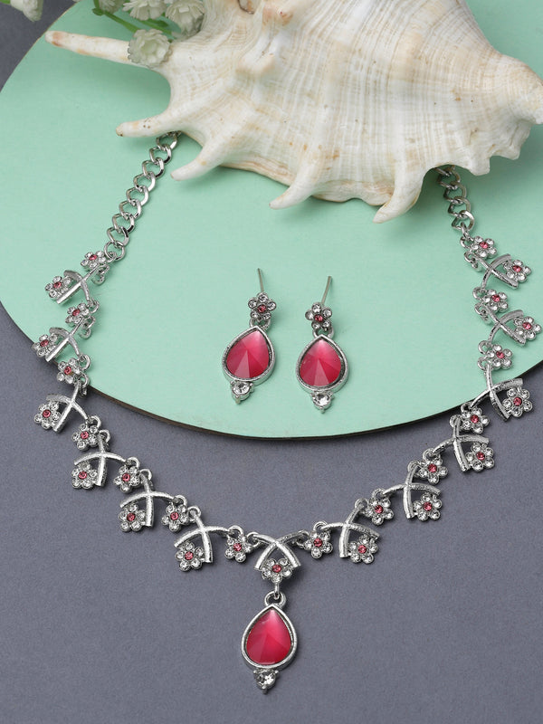 Silver-Plated Pink Cubic Zirconia Studded Teardrop Shaped Necklace with Earrings Jewellery Set