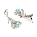 Rhodium Plated Quirky Sea Green AD Studded Contemporary Long Drop Earrings