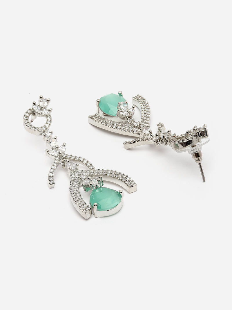 Rhodium-Plated Sea Green American Diamond studded Teardrop & Quirky Shaped Drop Earrings