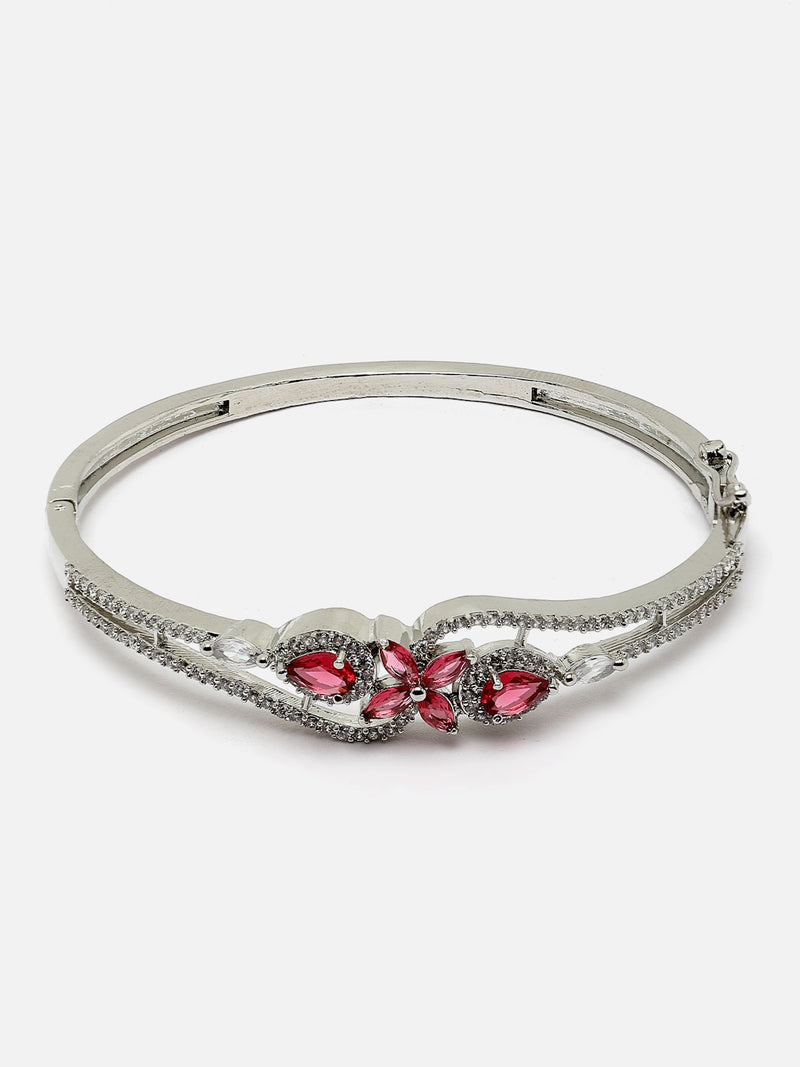 Rhodium-Plated Silver Toned Red American Diamond Studded Kada Bracelet