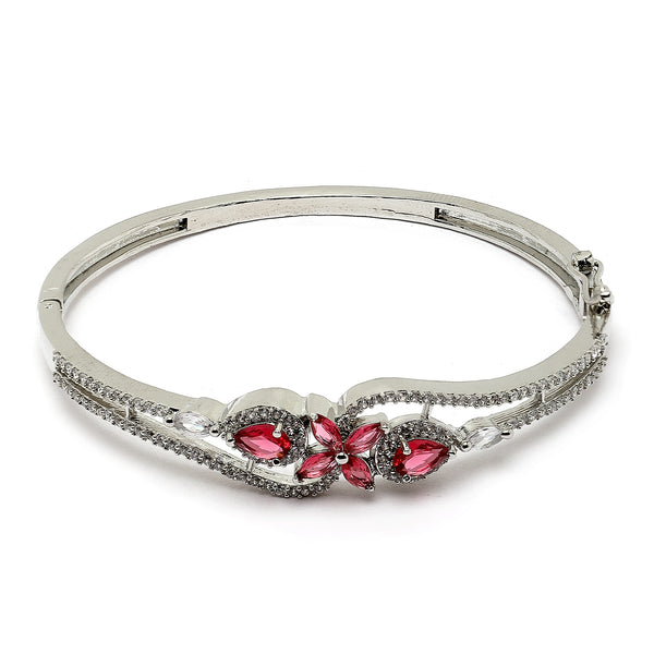 Rhodium-Plated Silver Toned Red American Diamond Studded Bracelet