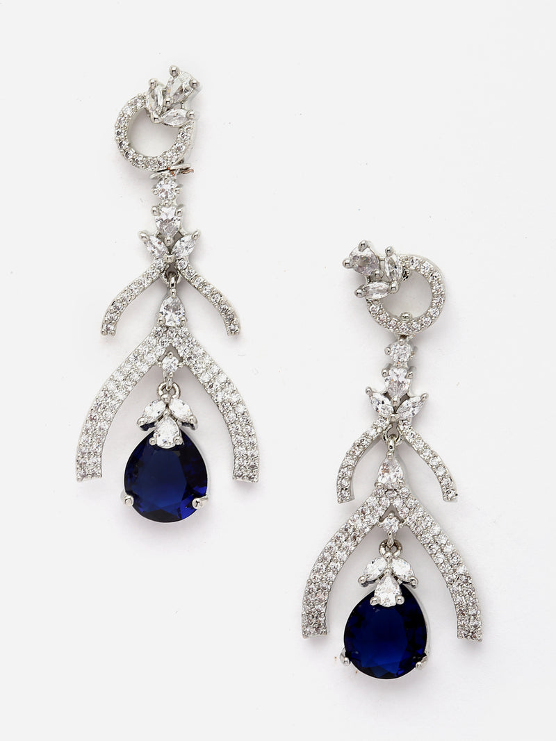 Rhodium-Plated Navy Blue American Diamond studded Teardrop & Quirky Shaped Drop Earrings