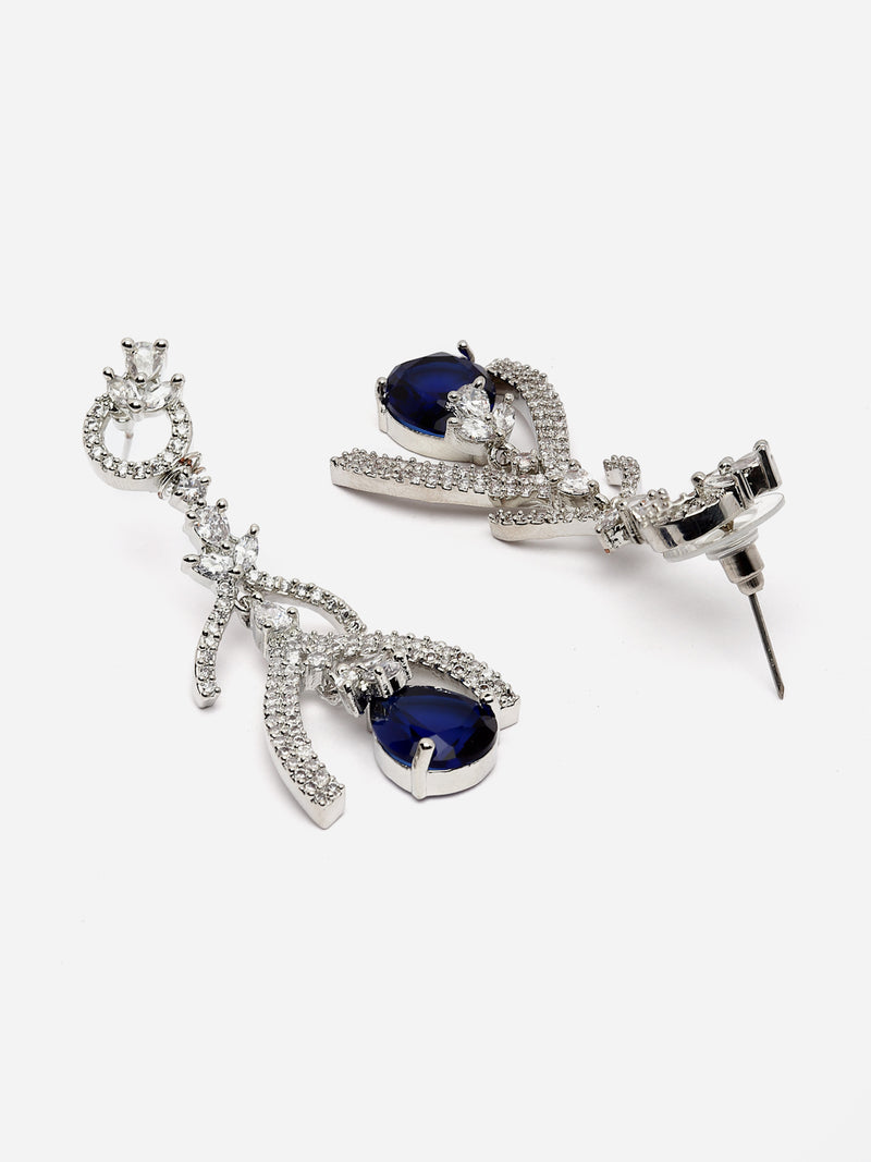 Rhodium-Plated Navy Blue American Diamond studded Teardrop & Quirky Shaped Drop Earrings