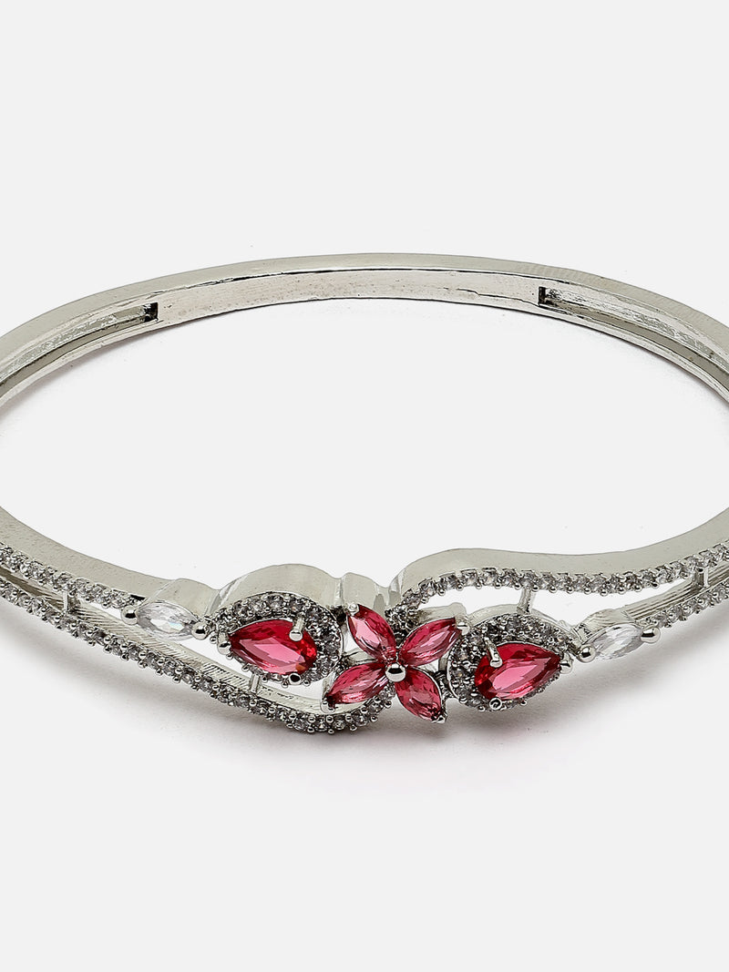 Rhodium-Plated Silver Toned Red American Diamond Studded Kada Bracelet