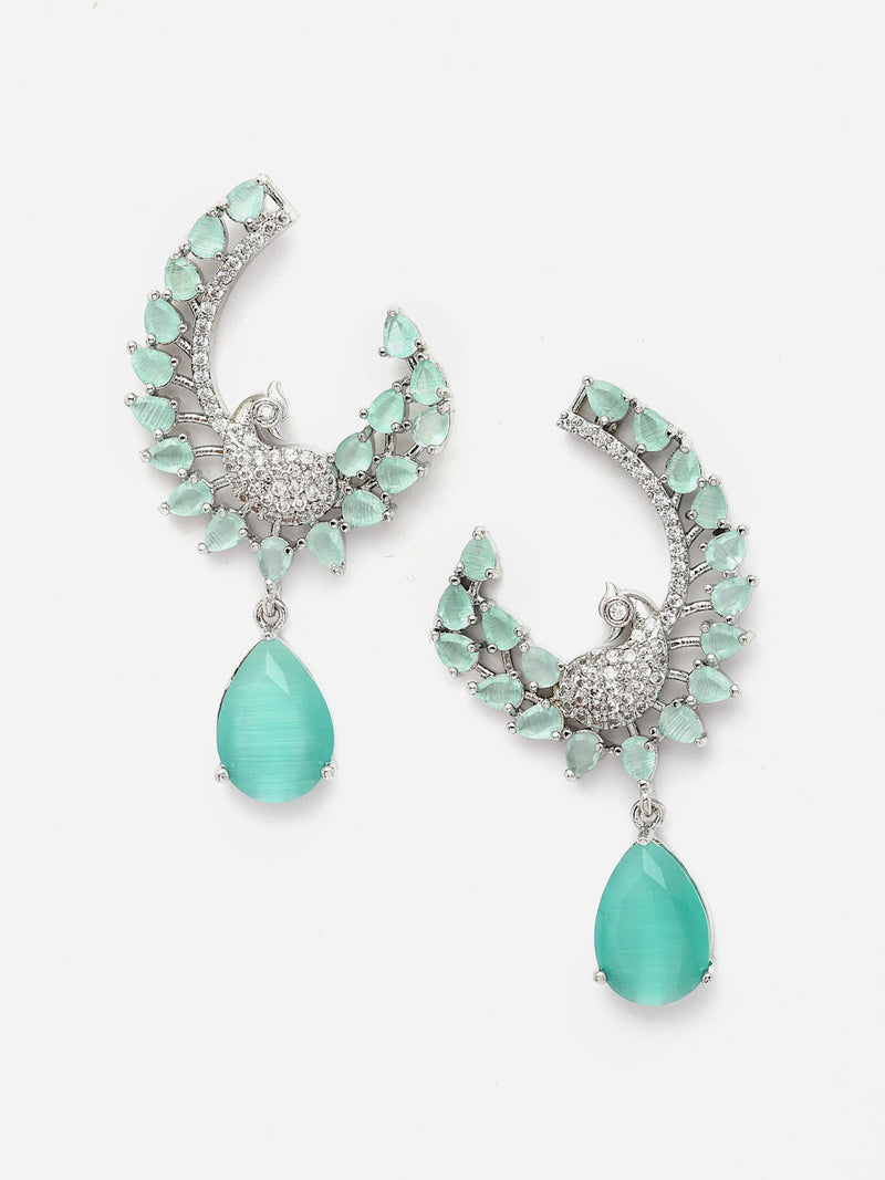 Rhodium-Plated Sea Green American Diamond studded Peacock & Feather Shaped Drop Earrings