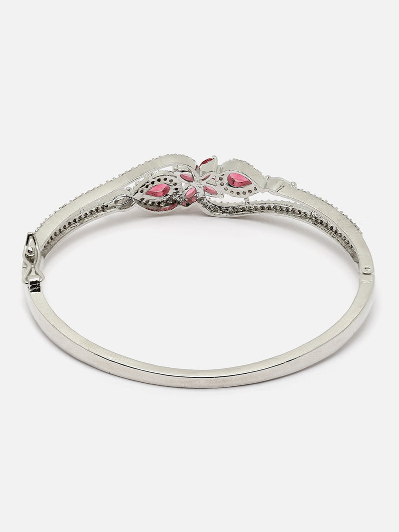 Rhodium-Plated Silver Toned Red American Diamond Studded Kada Bracelet