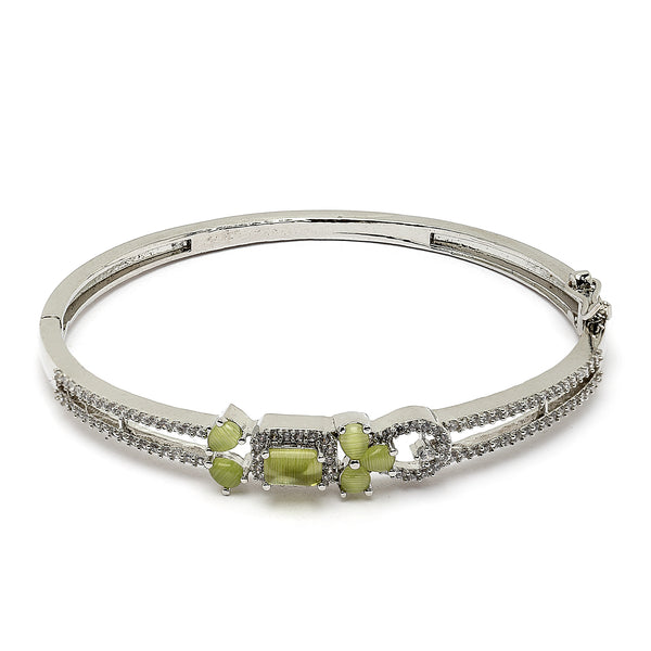 Rhodium Plated Silver Toned Square Light Green American Diamond Studded Bracelet