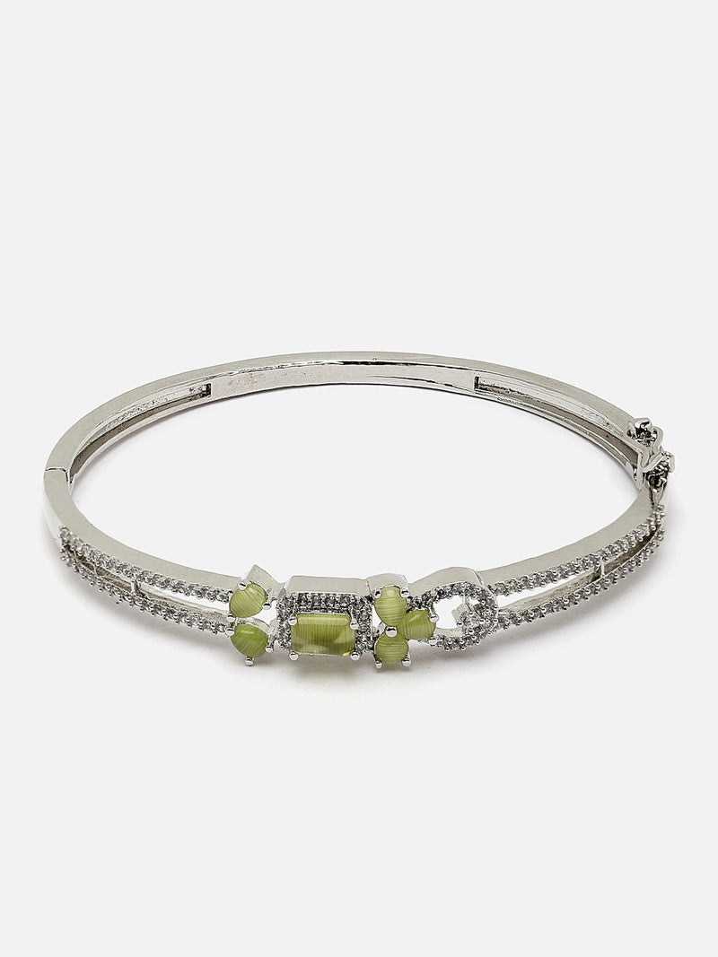 Rhodium-Plated Silver Toned Lime Green American Diamond Studded Kada Bracelet