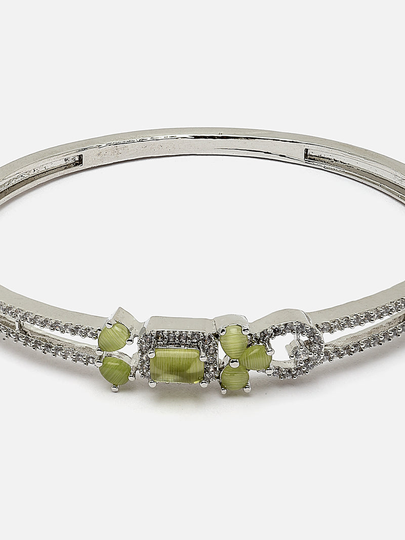 Rhodium-Plated Silver Toned Lime Green American Diamond Studded Kada Bracelet