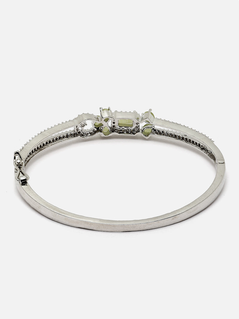 Rhodium-Plated Silver Toned Lime Green American Diamond Studded Kada Bracelet