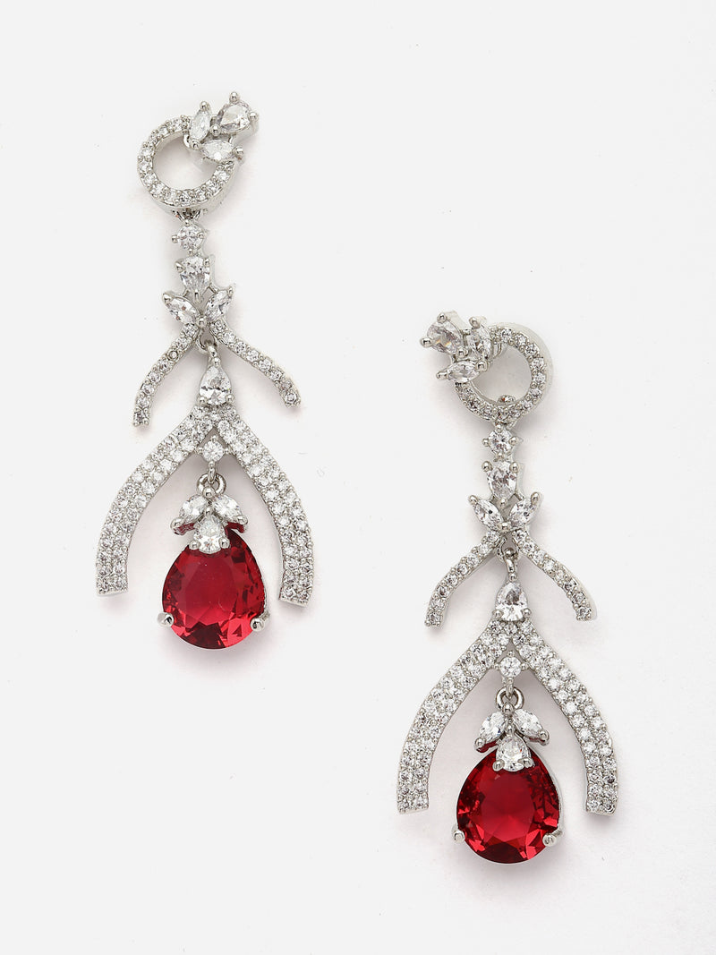 Rhodium-Plated Red American Diamond studded Teardrop & Quirky Shaped Drop Earrings