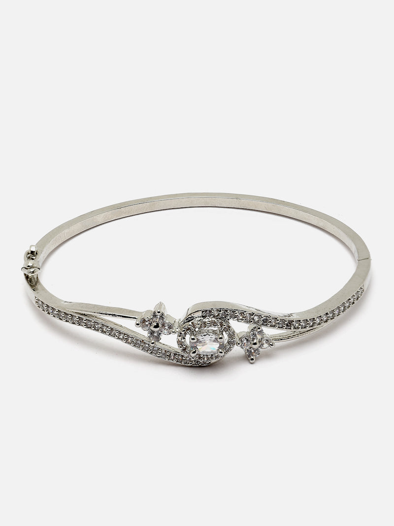 Rhodium-Plated Silver Toned White American Diamond Studded Kada Bracelet