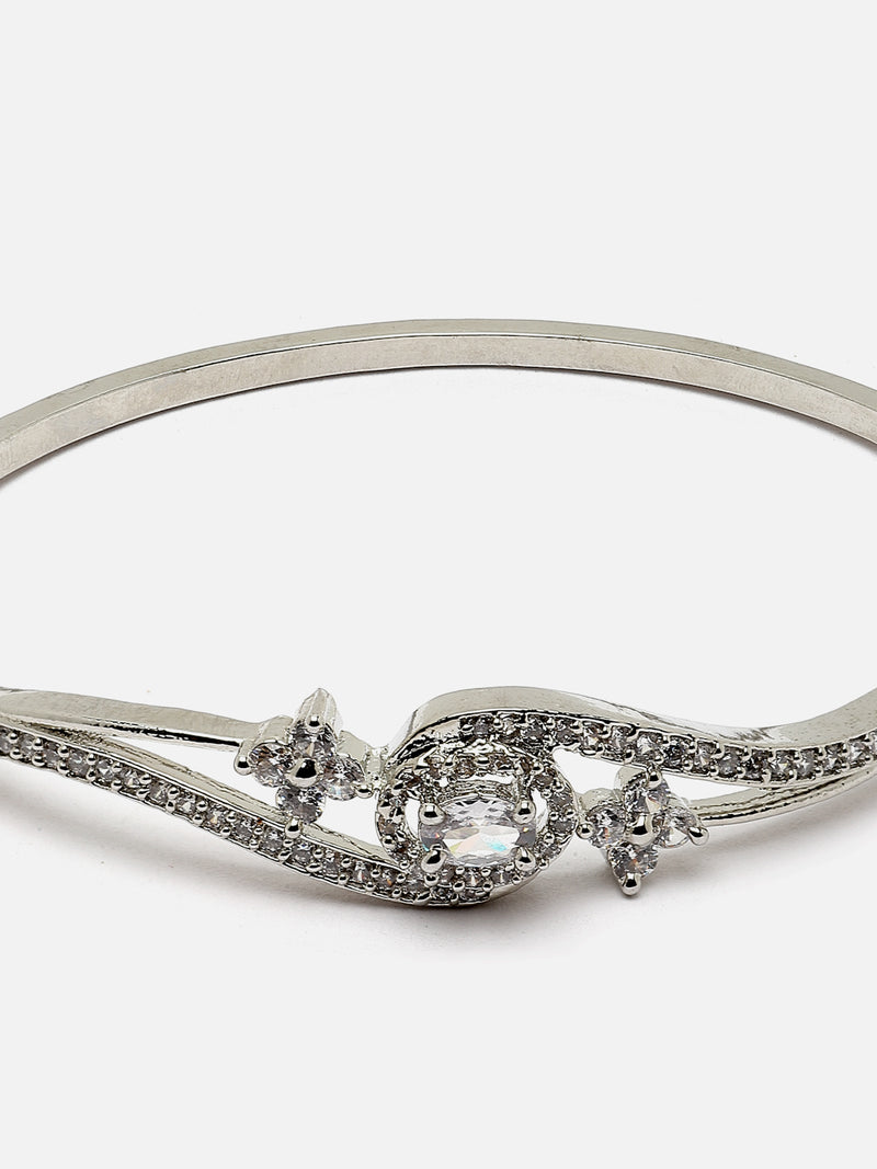 Rhodium-Plated Silver Toned White American Diamond Studded Kada Bracelet