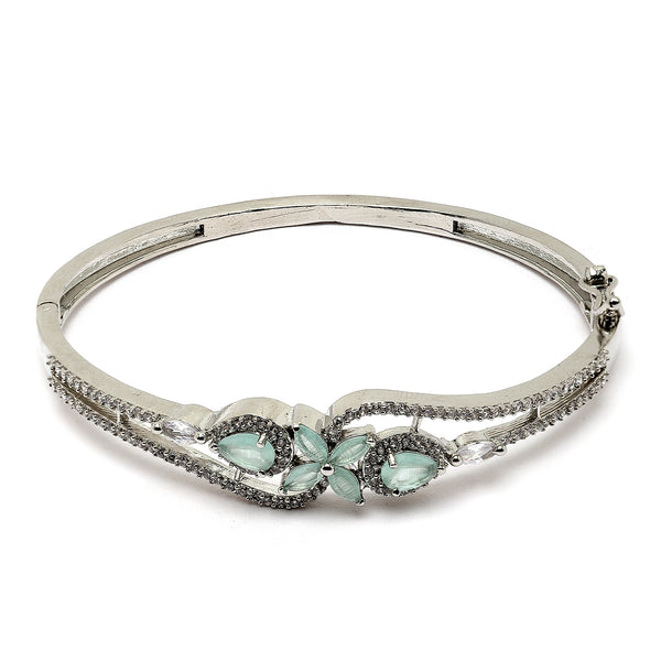 Rhodium-Plated Silver Toned Flower Sea Green American Diamond Studded Bracelet