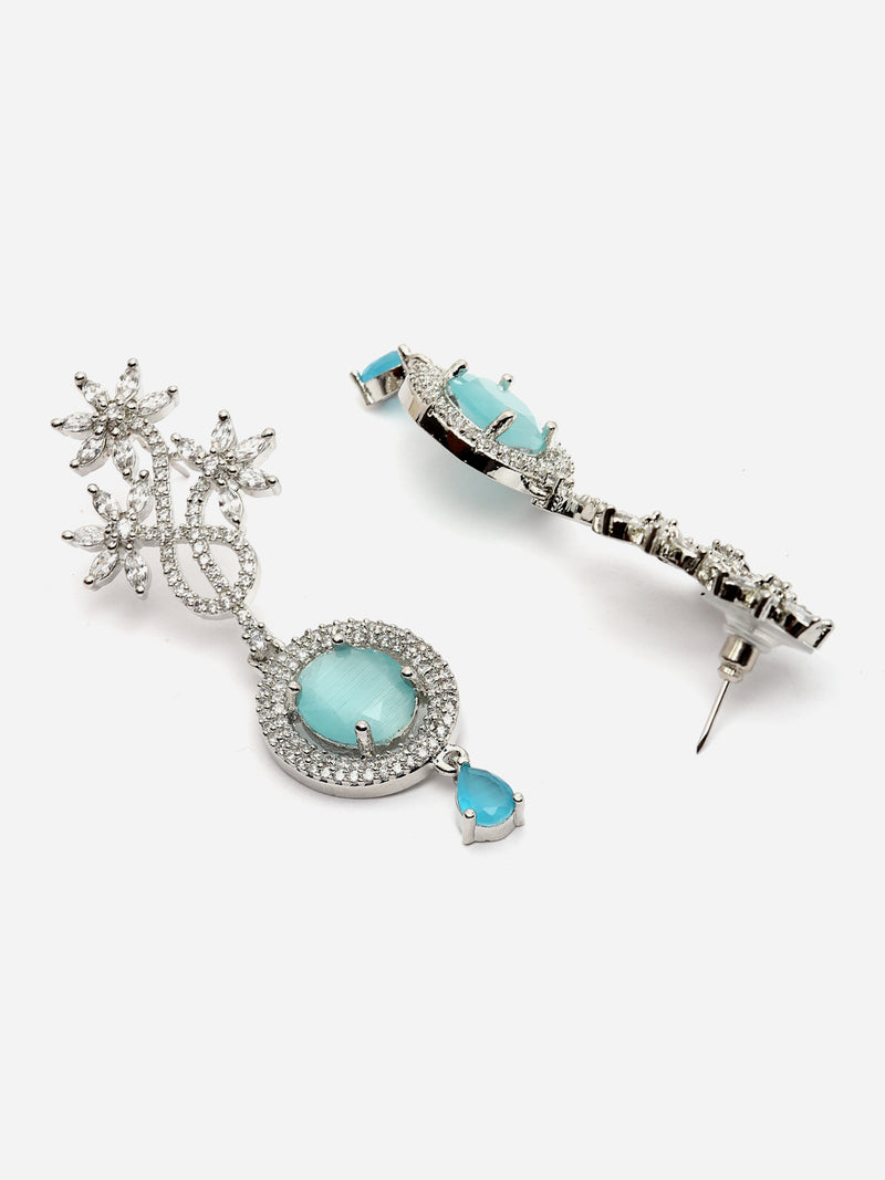 Rhodium-Plated Sky Blue American Diamond studded Contemporary Drop Earrings