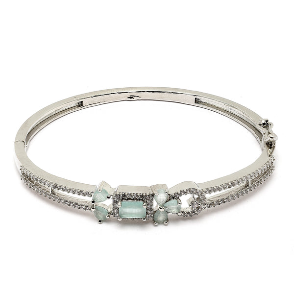 Rhodium Plated Silver Toned Square Sea Green American Diamond Studded Bracelet