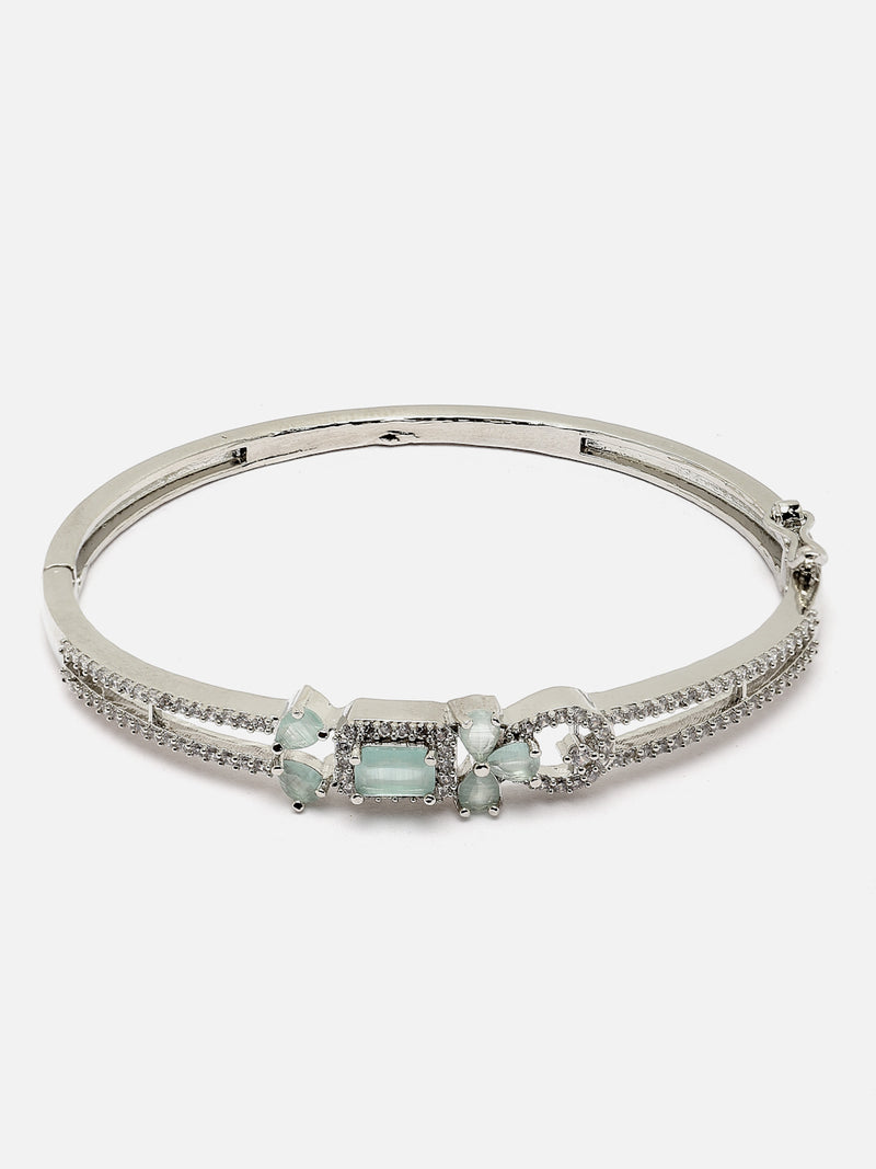 Rhodium-Plated Silver Toned Sea Green American Diamond Studded Kada Bracelet