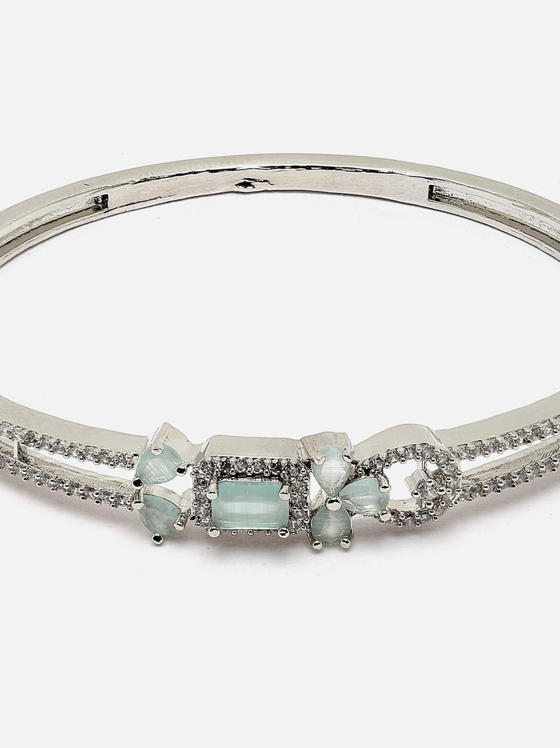 Rhodium-Plated Silver Toned Sea Green American Diamond Studded Kada Bracelet