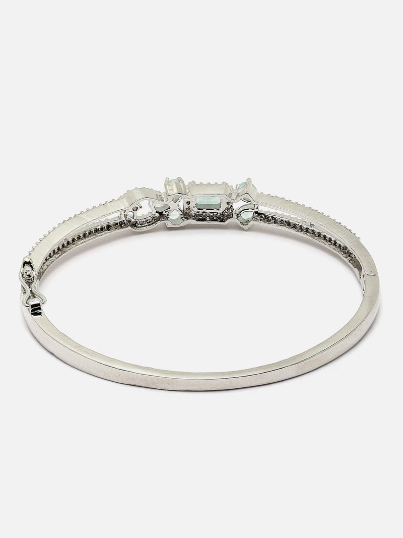 Rhodium-Plated Silver Toned Sea Green American Diamond Studded Kada Bracelet