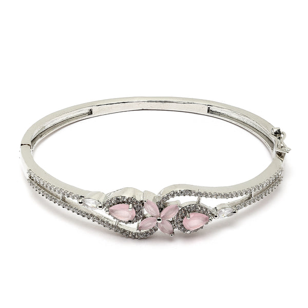 Rhodium-Plated Silver Toned Flower Pink American Diamond Studded Bracelet